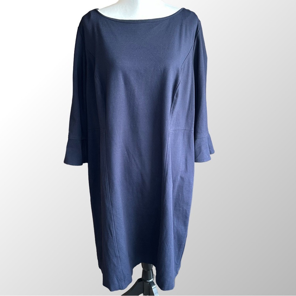 Talbots‎ Sheath Dress Women 16W Navy Blue Ruffle Sleeve Ponte Boat Neck